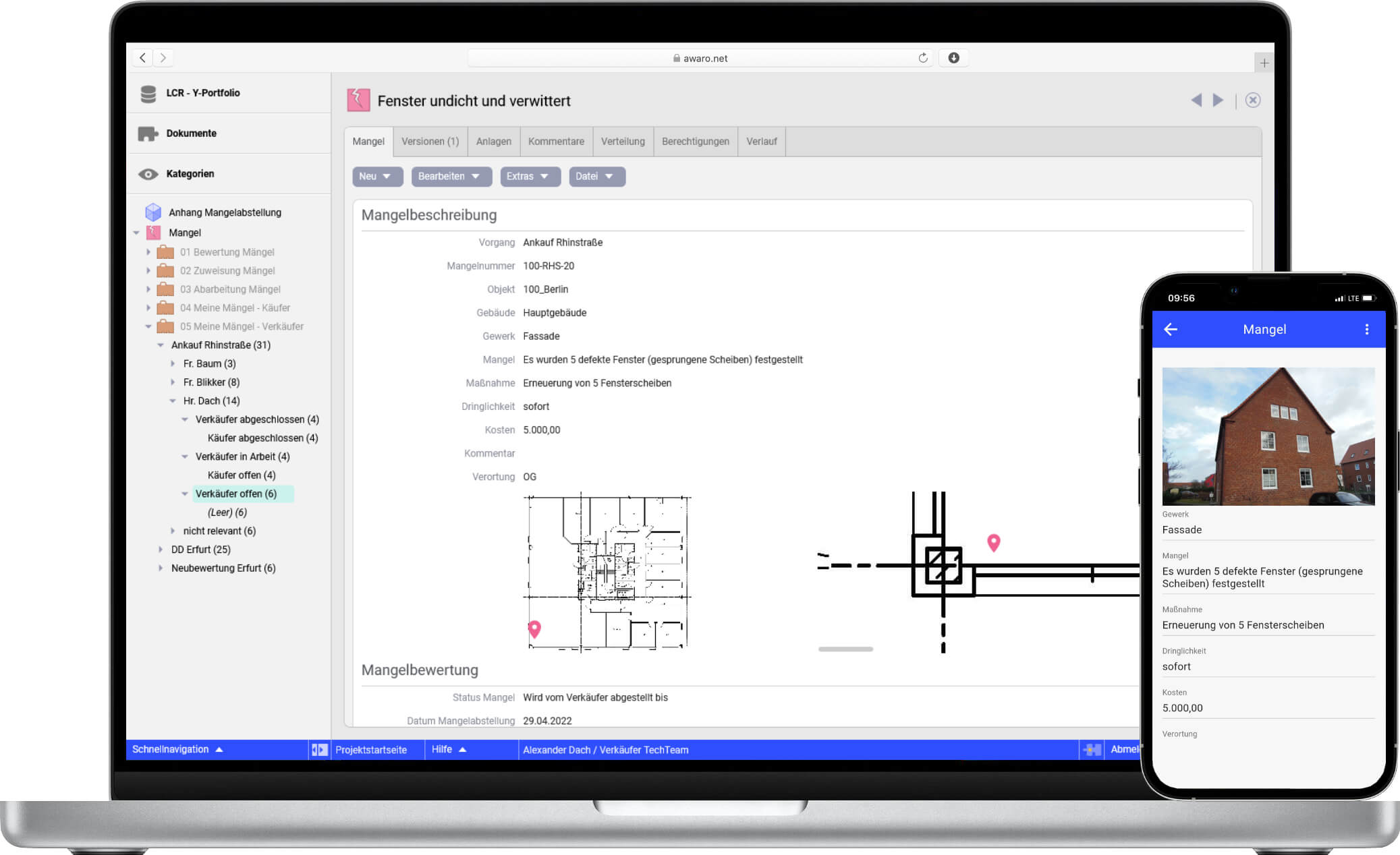 AWARO Datenraum Mängel Management Desktop und Mobil Version